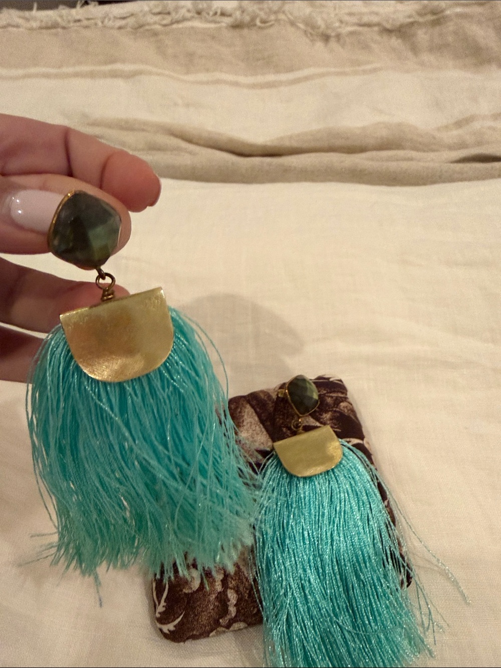 Turquoise Fringe Tassel Drop Earrings with Gold Accent